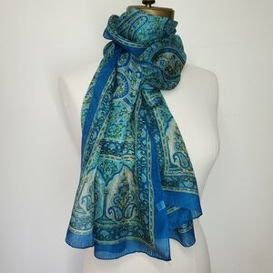 Made in India 68x19" Scarf 100% Silk Vintage Chiffon Teal Paisley Hand Drawn